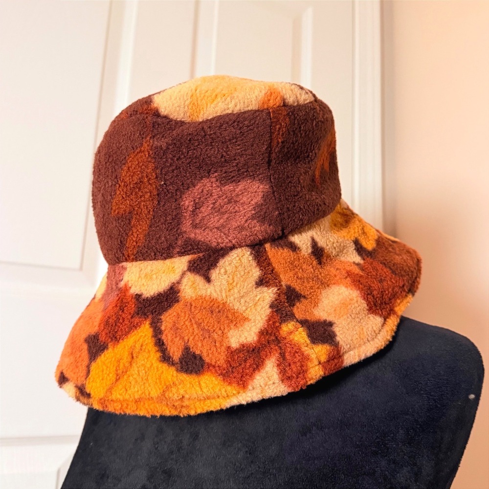 VTG Fall Leaves Fleece Bucket Hat Y2K One Size 90s Autumn Unisex